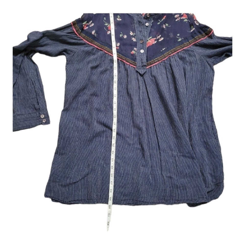 FREE People Navy Blue Pinstripe Sheer Floral Boho Oversized Tunic Blouse Top - Picture 14 of 16
